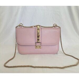 Authentic Valentino Garavani Shoulder Bag Lock Rockstud Gold Strap Pink